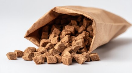 Brown, square treats spill from a kraft paper bag