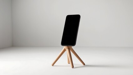 Modern smartphone displayed vertically on a minimalist wooden tripod stand