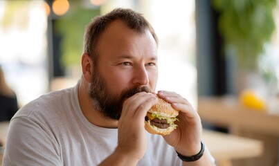 A real photo of a chubby man in his 30s eating a hamburger
