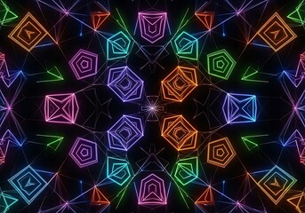 Vibrant Geometric Kaleidoscope: Neon Shapes on Black Background