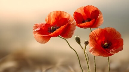 Obraz premium Three vibrant poppies against a soft, muted background.