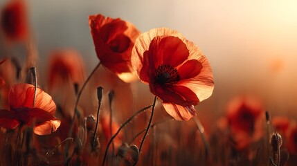 Vivid red poppies in a field bathed in sunlight.