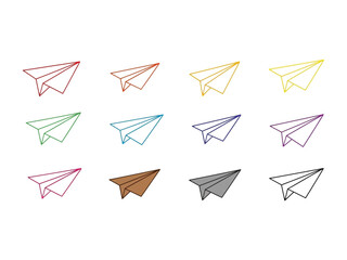 Colorful Paper Airplanes: A collection of twelve paper airplanes, each meticulously crafted and rendered in a spectrum of vibrant hues, poised to represent the imaginative world.
