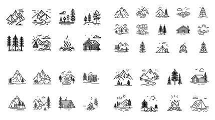 Fototapeta premium Hand-drawn outdoor and camping scene icons featuring mountains, cabins, pine trees, and tents, perfect for travel, hiking, and adventure design projects.