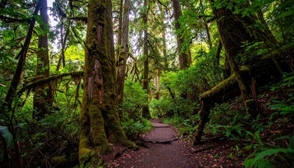 Fototapeta premium Scenic hiking trail through a dense rainforest, sunlight filtering through tall trees, vibrant green foliage