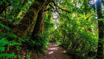 Obraz premium Scenic hiking trail through a dense rainforest, sunlight filtering through tall trees, vibrant green foliage
