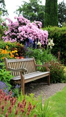 Serene garden scene with wooden bench nestled amongst vibrant flowering plants