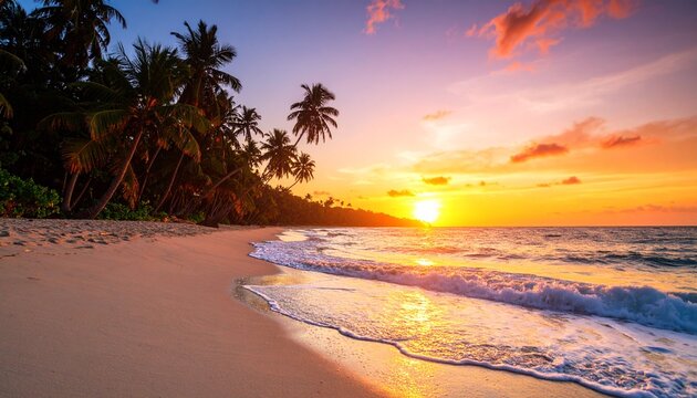 Tropical beach at sunset with vivid orange and pink sky, palm trees swaying, gentle waves lapping the shore