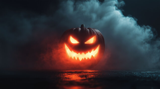 Eerie Glowing Pumpkin in Mist: An imposing, sinister pumpkin, illuminated from within with a malevolent, fiery glow, emerges from a chilling swirl of dark mist.
