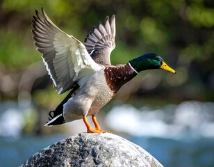 Mallard taking flight on a rock by a river