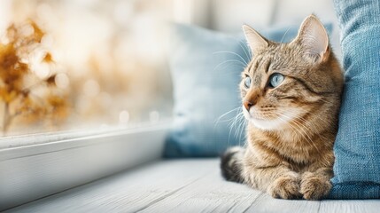 Cozy Cat's Contemplation: An adorable tabby cat lounges comfortably on a window sill, bathed in soft sunlight. with eyes of blue color, lost in contemplative mood, in a homely scene