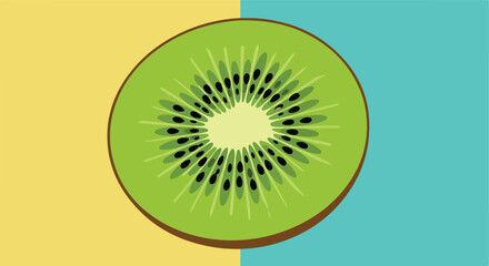 Kiwi Slice Vivid green and black seeds on split yellow/blue backdrop, flat style
