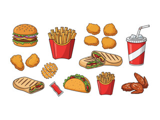 Fast Food Feast: A colorful illustration of an array of tempting fast food favorites, offering a visual treat for all tastes. It's a celebration of culinary delights.