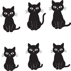 Obraz premium Six Black Cartoon Cats Sitting in Two Rows on White Background kitten black cat