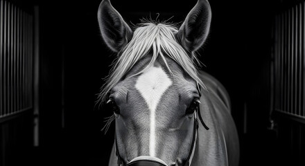 Majestic horse portrait, striking monochrome, stable setting.