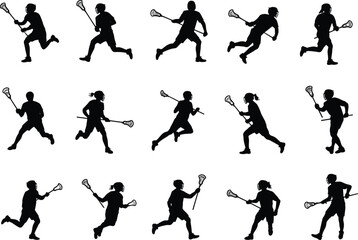 Lacrosse player silhouettes, action poses, dynamic movement, sports vector illustration, athletic clipart, running, catching, throwing, black design, isolated on white background.