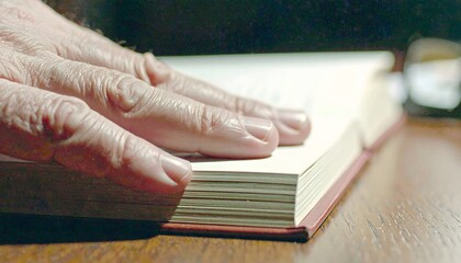 An elderly person's hand resting on a book, symbolizing a solemn oath, testimony, truth, or the pursuit of knowledge and wisdom.