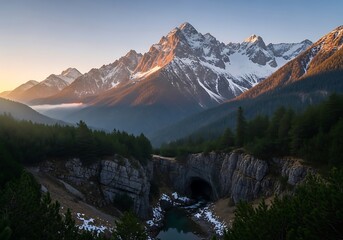 Majestic Mountain Range with Snow-Capped Peaks and Forested Valley at Sunrise