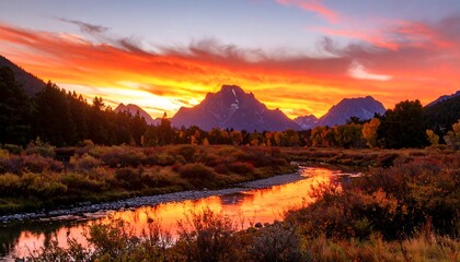 Vibrant sunset over a river valley, reflecting the fiery colors in the calm water, autumn foliage framing the scene