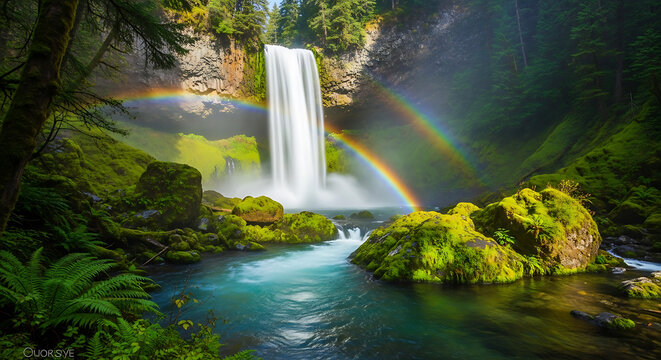 Double Rainbow Waterfall in Lush Forest