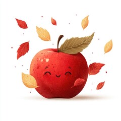 Cute red apple with autumn leaves