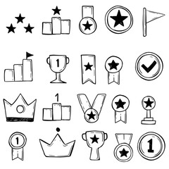 Vector Set of Winner Icons in Hand Drawn Scribble Style. Trophy, Medal, Crown, Ribbon, Star, and Award Symbols Isolated on White Background