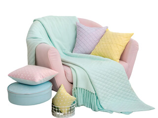 Pastel pink armchair with mint green blanket lavender yellow pillows isolated on a transparent background