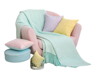 Pastel pink armchair with mint green blanket lavender yellow pillows isolated on a transparent background