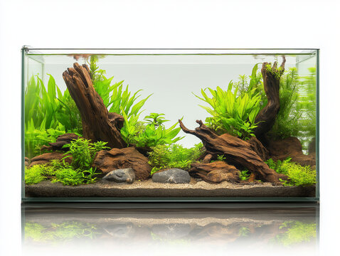 planted freshwater aquarium with driftwood and java ferns, displayed on white background, natural aquascape design in rimless tank, suitable for aquarists and hobbyists