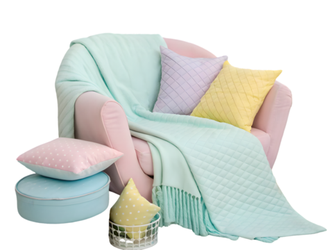 Pastel pink armchair with mint green blanket lavender yellow pillows isolated on a transparent background