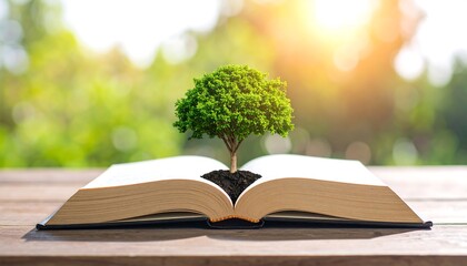 Miniature Tree Growing From Open Book on Wooden Table, Symbolizing Knowledge and Growth