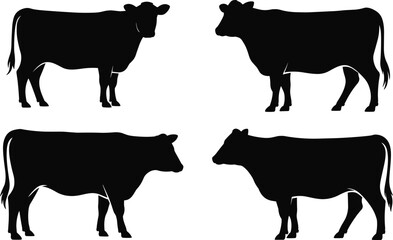 Cow silhouette set, black cattle icons, farm animal vector, livestock profile illustration, side view cow shapes, minimalist bovine design, agricultural graphic elements.