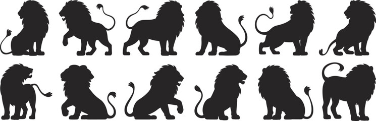 Lion silhouette collection, black lion poses, walking lion vector, sitting lion clipart, majestic animal PNG, wild cat illustration, safari design element, feline posture set. © Hasan Creatives