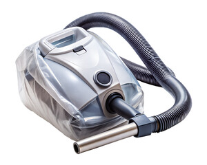 Modern white vacuum cleaner with digital display isolated on transparent background