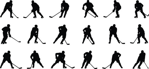 Hockey player silhouette collection, dynamic ice hockey poses, stick handling clipart, black figure PNG, sports action vector, skating stance illustration, team game design. © Hasan Creatives