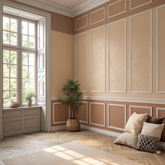 warm neutral wall with pillows and the plant and the window