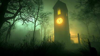 Pixelated Clock Tower In Foggy Woods At Dusk