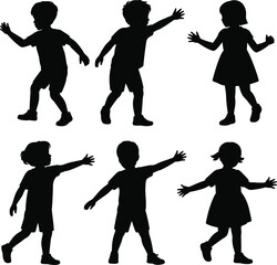 Children silhouette collection, playful kid poses, boy and girl clipart, dress and shorts vector, active child illustration, black figure PNG, dynamic movement design.