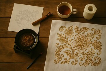 Home Batik Maker’s Table with Melted Wax and Half-Finished Patterns