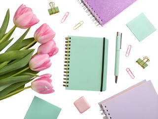 Pink tulips mint green notebook pastel stationery isolated on a transparent background image
