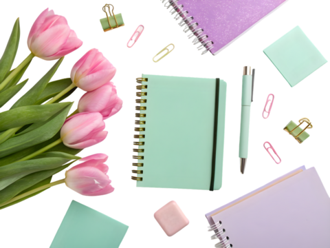 Pink tulips mint green notebook pastel stationery isolated on a transparent background image - Powered by Adobe