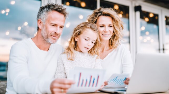 Family Financial Discussion: A heartwarming scene unfolds as a family collaborates over financial planning, with graphs and a laptop serving as tools for informed decision-making.