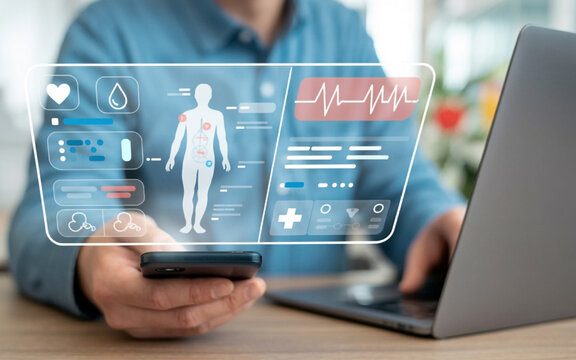 Digital medical hologram displays human anatomy heart rate and health data smartphone