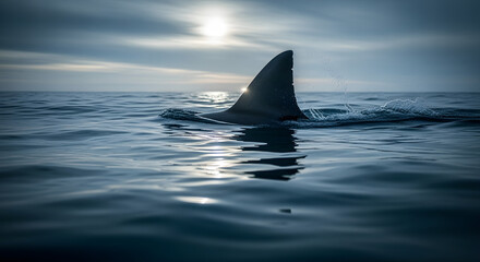 Fototapeta premium A shark's dorsal fin breaks the surface of the ocean, silhouetted against the sun and a cloudy sky.
