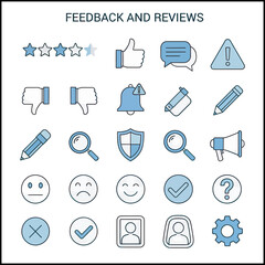 Collection of blue line icons depicting feedback, reviews, ratings, and user experience elements.