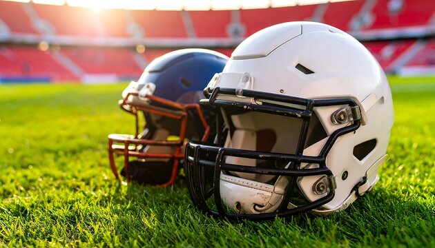 Two American Football Helmets Resting on Grassy Field