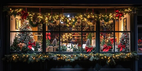 Fototapeta premium Festive store display decorated with garlands and glowing lights Stock photo