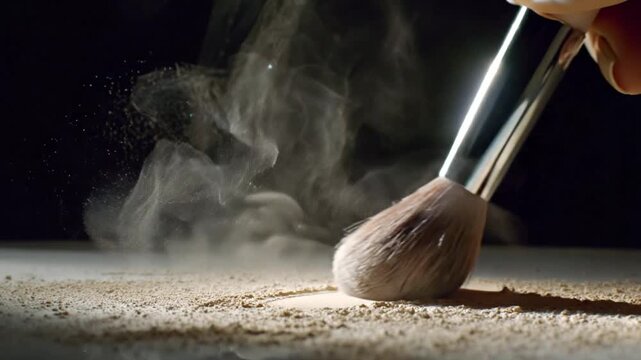 Makeup brush applying powder with dust cloud in soft lighting  
