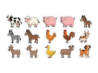Farm animal array: A charming array of farm animals is featured in a cheerful, cartoon-like style, with each animal in an upright stance, showcasing their distinct characteristics.