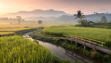 Obraz premium A serene sunrise over rice fields with a bridge and mountain backdrop